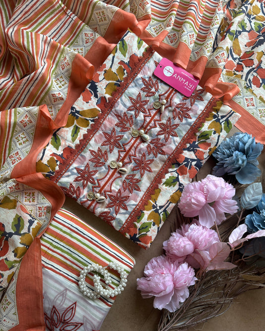 Organza patch floral print pure cotton suit with shell neck