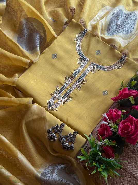 Jamdani weave mustard grey tassel neck suit set