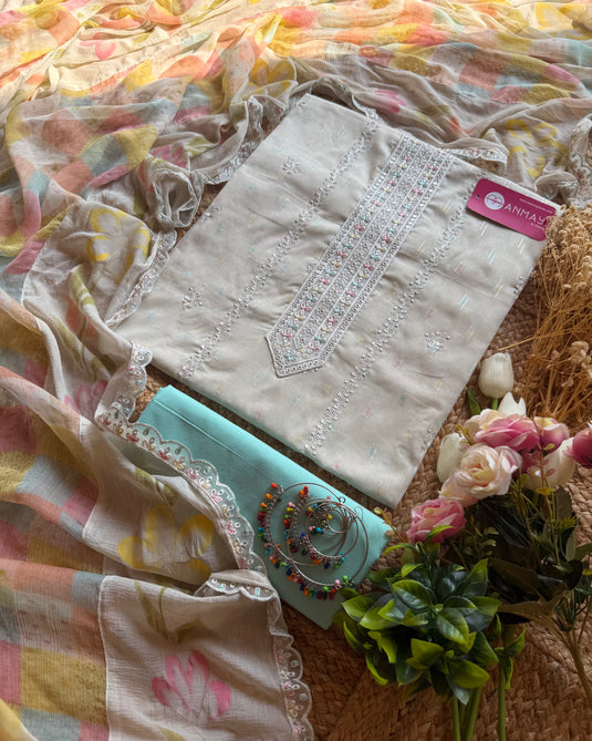 Cotton coloured silver weave suit with chiffon printed dupatta