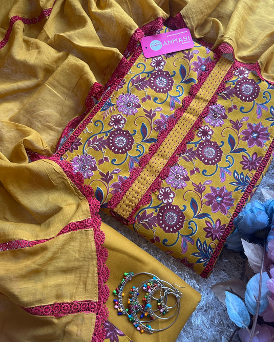 Cotton floral print lace work suit set