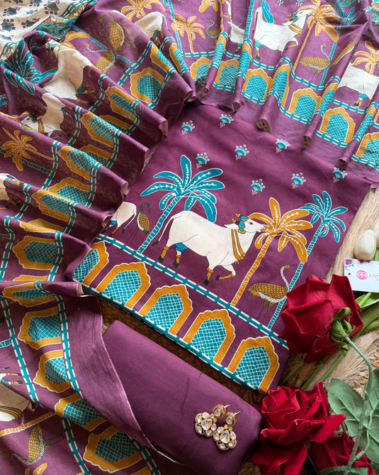 Pichwai village scene jaam cotton suit set