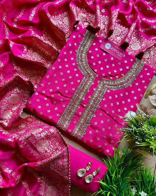 Dolla Silk Banarasi Kundan kurta Patti suit set