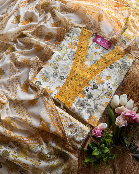 Cream base floral print pakistani suit set