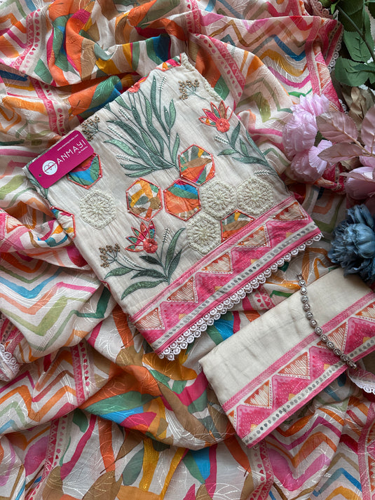 Appliqué work pure mul suits with colour digital print self dupatta