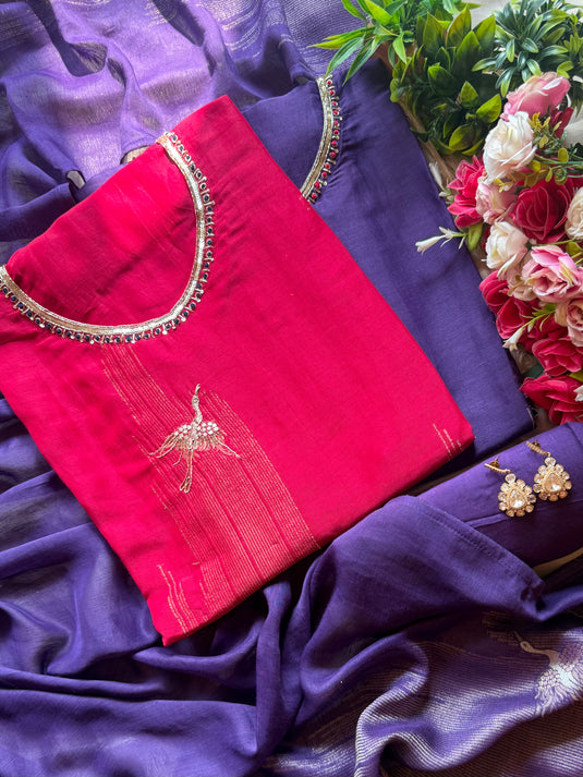 Embroidered flamingo cotton silk suit set with step Banarasi weave