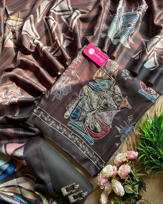 Spun Pashmina abstract print highlighted suit set