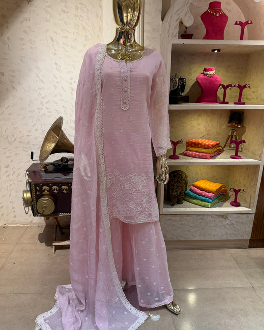 Stitched aari work pure mul cotton baby pink suit set