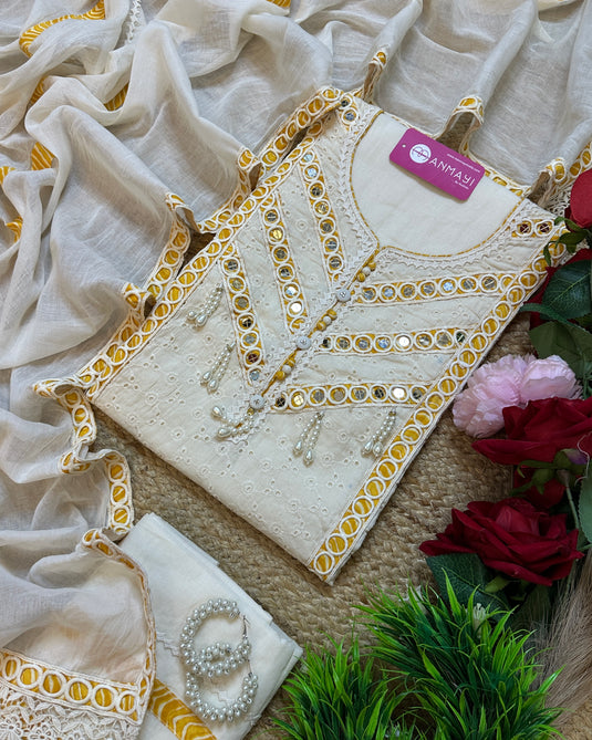 Hakooba cotton pearl and mirror detail cream cotton suit