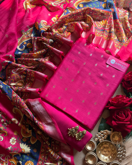 Hot Pink Banarasi pure silk suit with print dupatta