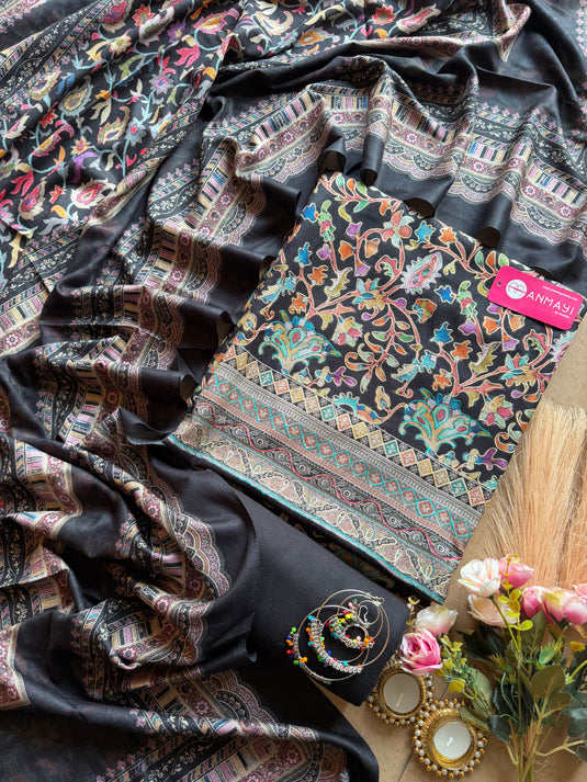 Soft Alpine Pashmina Suit set with Kashmiri work outline