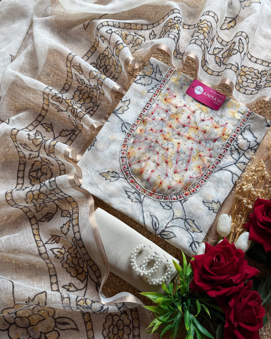 Kota Doria U knot neck with coloured leaves and Banarasi weaves