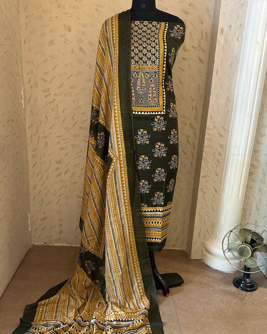 Ajrakh print glazed cotton suit set with embroidered neck