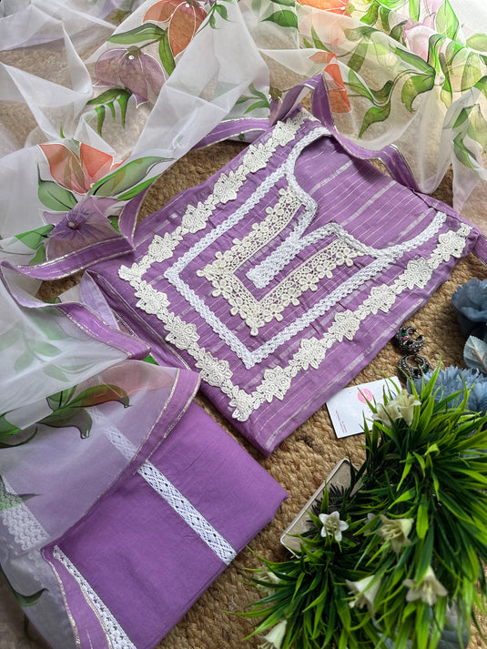 Mulmul cotton mauve crochet work suit with handpaint organza dupatta