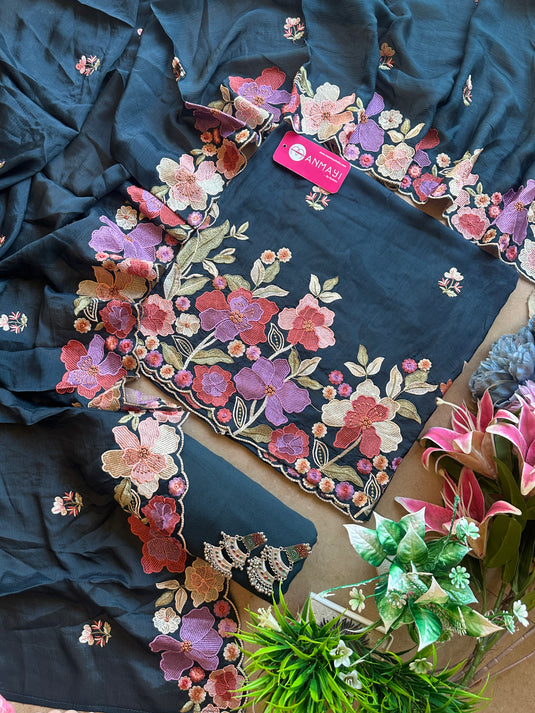 Floral affair soft muslin silk suit set with chinnon dupatta