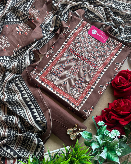 Ajrakh print glazed cotton suit set with embroidered neck