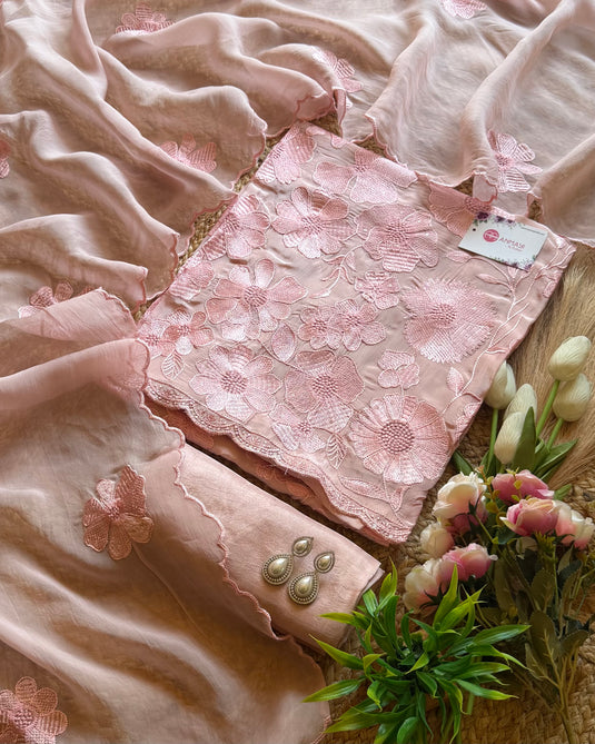 Organza all over floral self work suit set