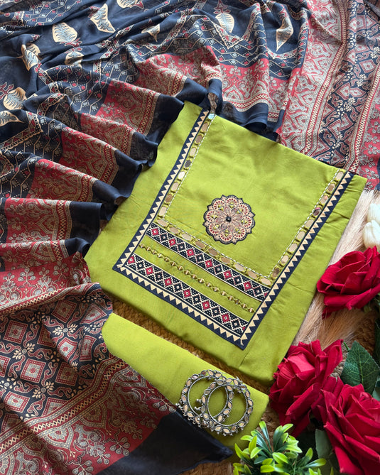 Ajrakh glass neck handloom cotton suit set