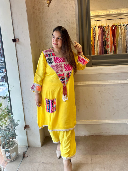 Muslin linen boho tassel neck coord set with farshi salwar