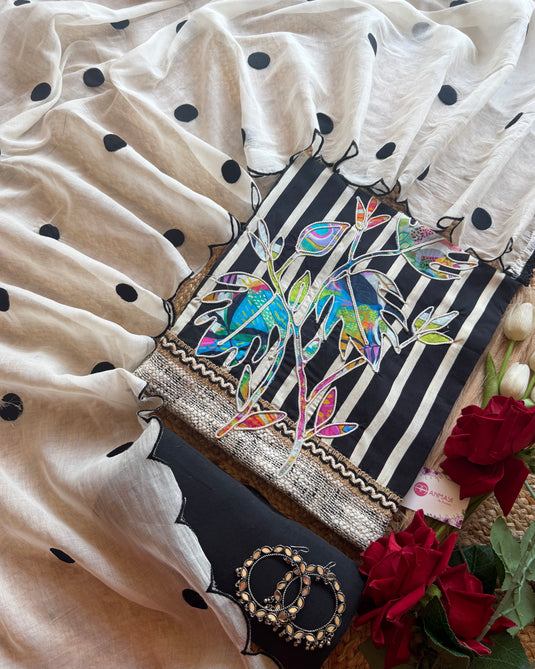 Black stripes pure cotton appliqué coloured patch suit with embroidered polka dots dupatta