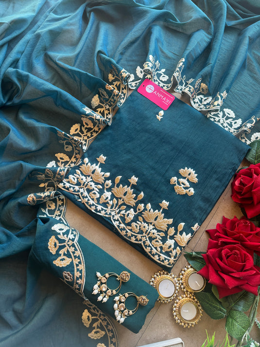 Leather work festive Mul Chanderi suit set