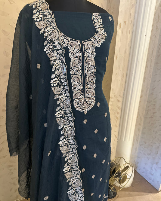 Intricate embroidered soft mul Chanderi suit set (Includes Shirt Lining)