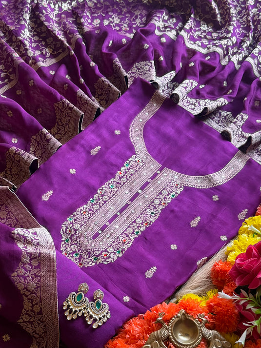 Pure Dolla silk zari work suit with coloured Kundan neck