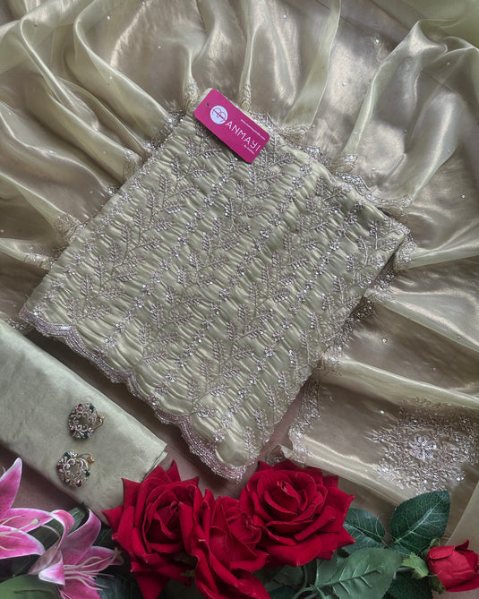 Hand embroidered cutdana work shimmer organza suit set