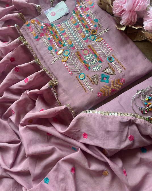 Boho looks mirror work mul chanderi suit set