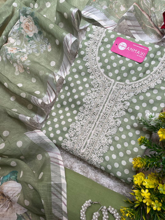 Soft linen cotton polka dots suits with digital dupattas