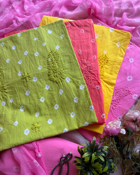 Handcrafted Bandhani soft cottons Karachi work suit set with chiffon dupatta