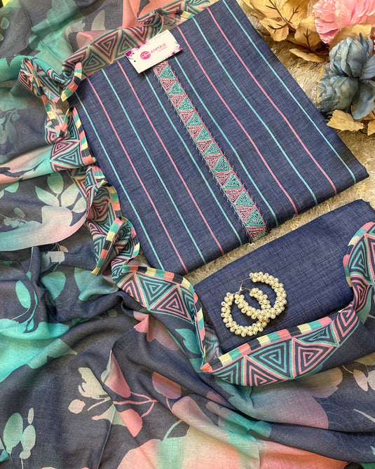 Soft denim cotton vertical line suit set with Mul cotton floral dupatta