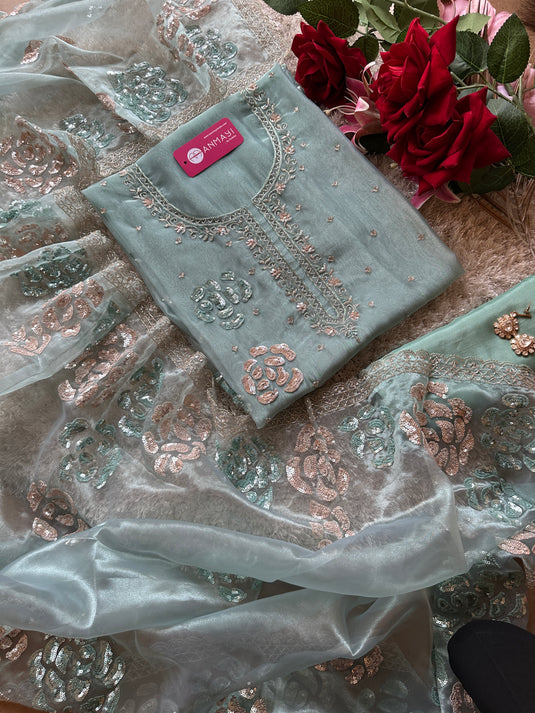 Metallic handwork pure organza tissue suit set