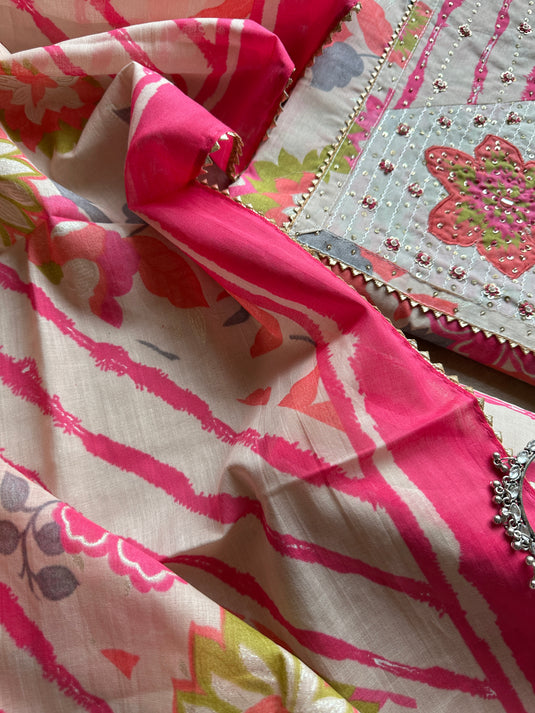 Embroidered yog neon pink pure cotton suit set