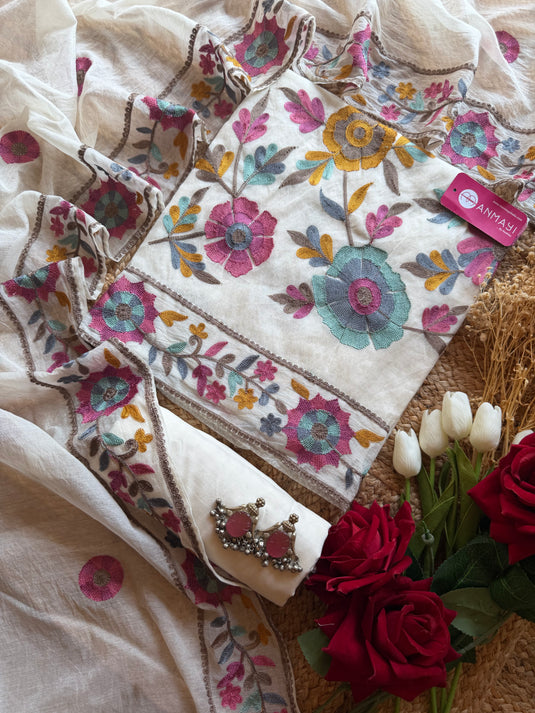 French coloured embroidery Mul Chanderi suit set