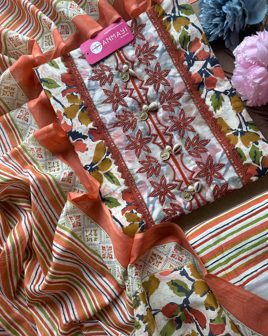 Organza patch floral print pure cotton suit with shell neck