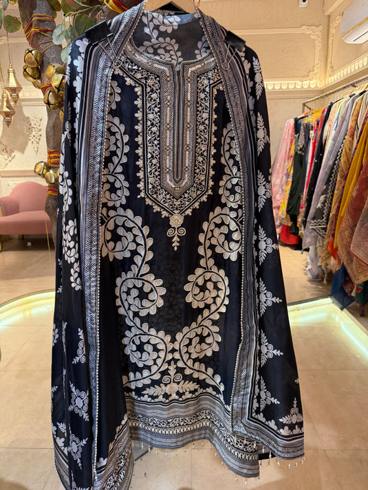 Russian silk pearl seaquins work printed suit set