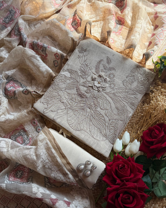 Jamdani gold embroidered suit set