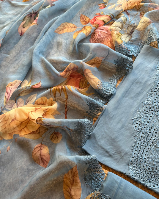 Organza Pakistani cobalt blue suit set with floral dupatta