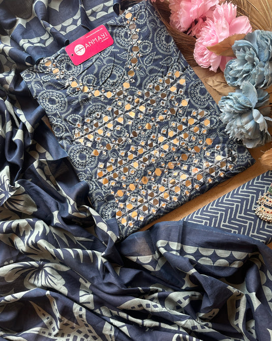 Printed cambric cotton suit with real mirror work