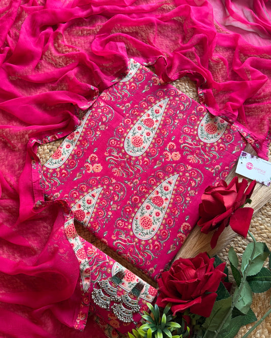 Persian print fine Cambric cotton suit set with chiffon dupatta