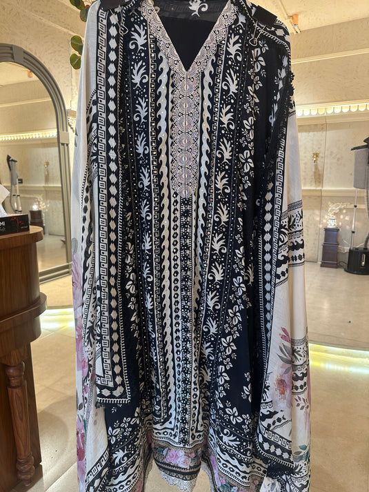 Panel print pure muslin mirror work suit