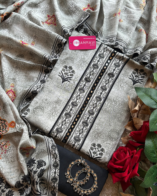 Grey black muslin suit set with mirror crochet neck