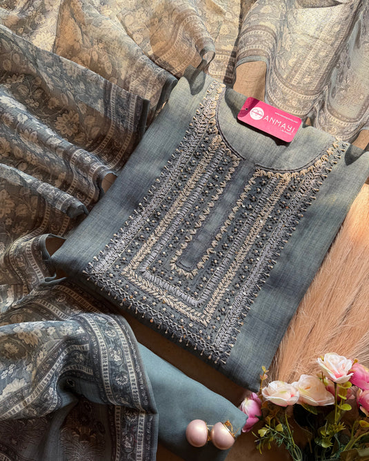 Shimmer linen floral french knot work suit set