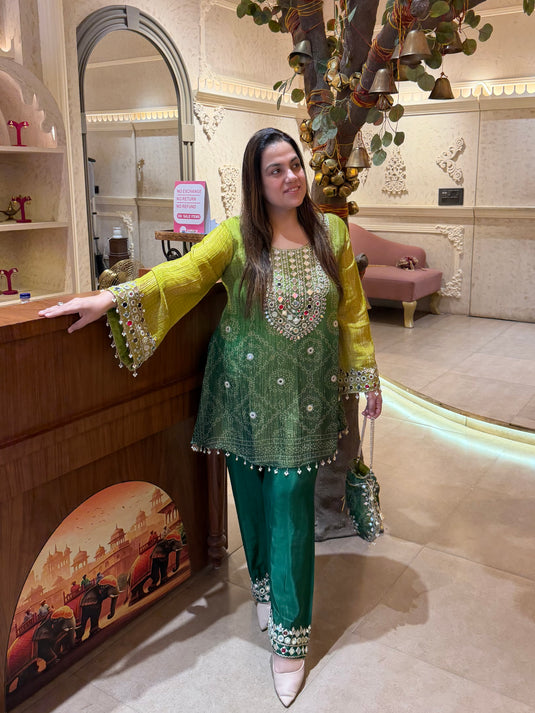 Crushed organza badhani print mirror work coord set with potli