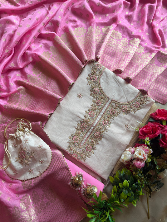 Chanderi silk combination Banarasi dupatta potli suit set