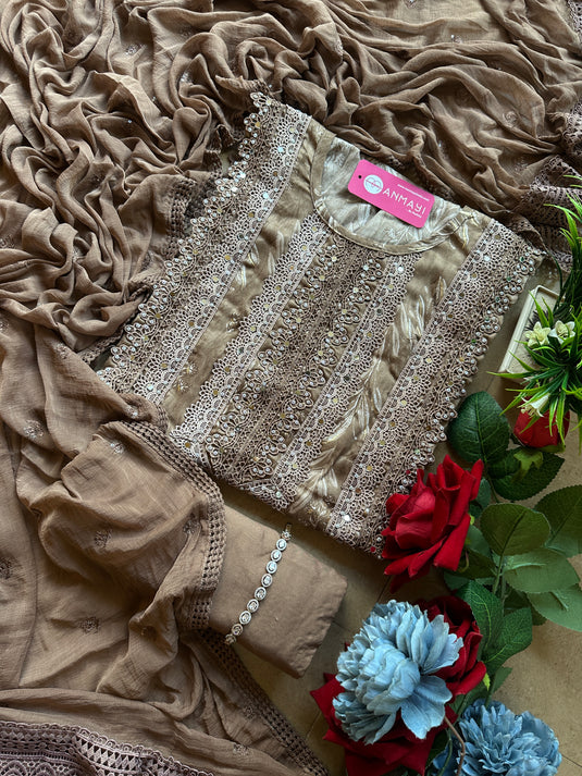 Pakistani crochet real mirror work cotton suit set