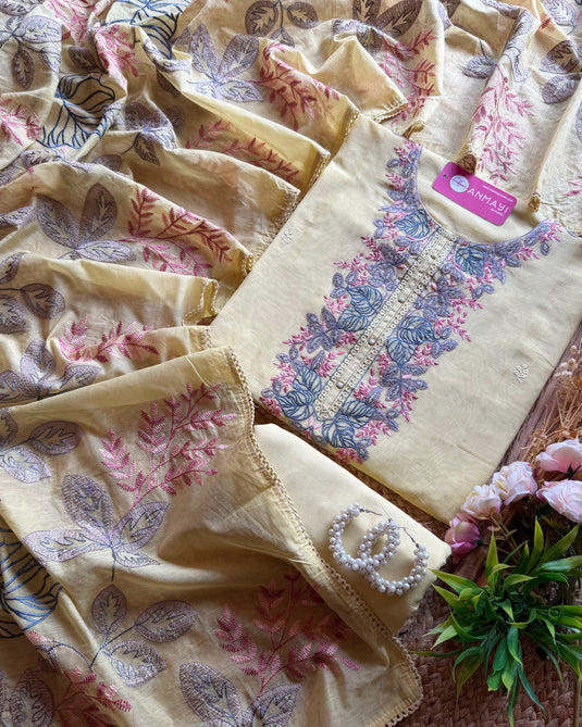 Embroidered jaal dupatta Mul Chanderi suit set