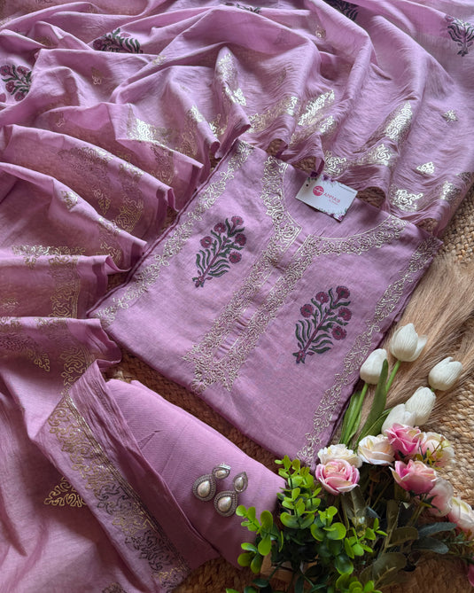 Mul Chanderi pita work block print suit set