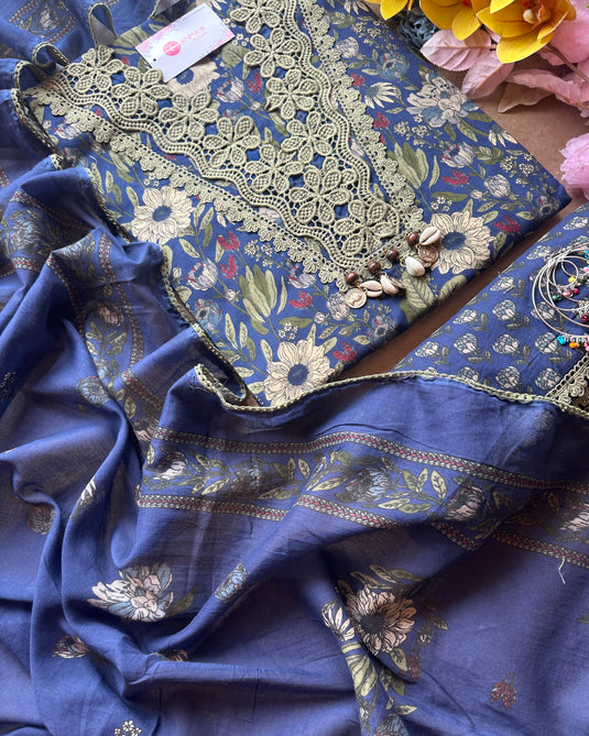 Crochet work pure cotton floral suit set with cotton dupattas
