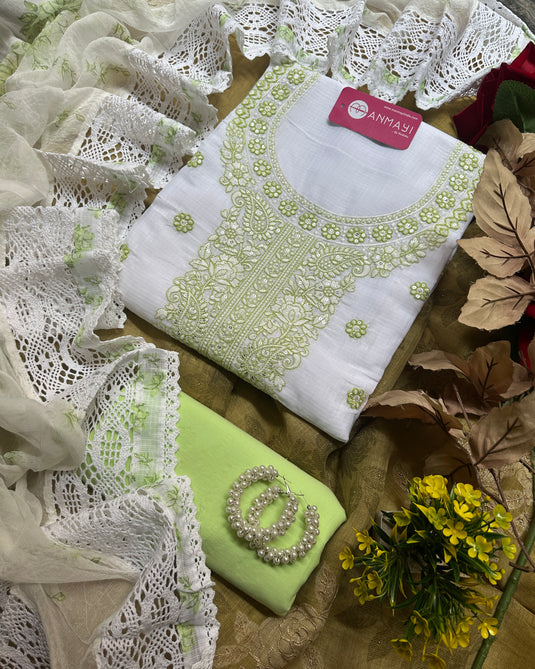Ivory base chikankari work suit sets with chiffon printed crochet work dupatta